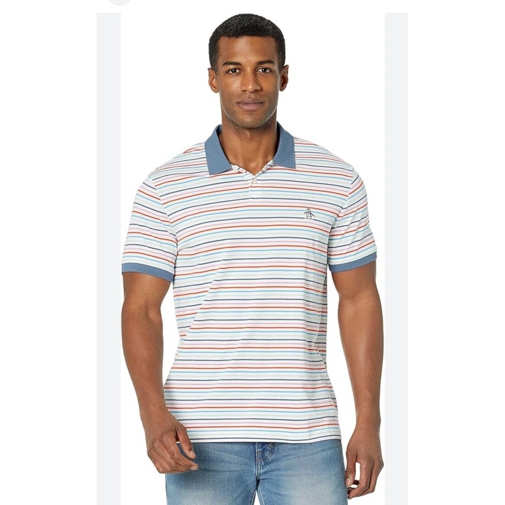 Original Penguin Men's XL Knit Polo JERSEY Striped Shirt Bonnie Blue top Classic
